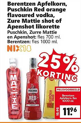 Berentzen Appelkorn, Puschkin Red orange flavoured vodka, Zure Mattie shot of Apenshot likorette 25% KORTING