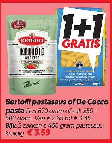 Bertolli pastasaus of De Cecco pasta 1+1 gratis
