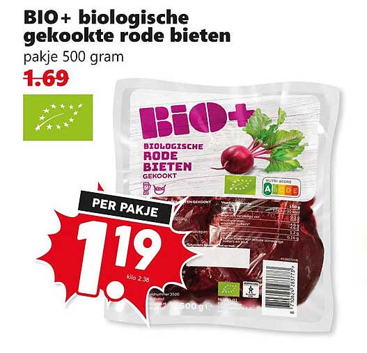 BIO+ biologische gekookte rode bieten pakje 500 gram
