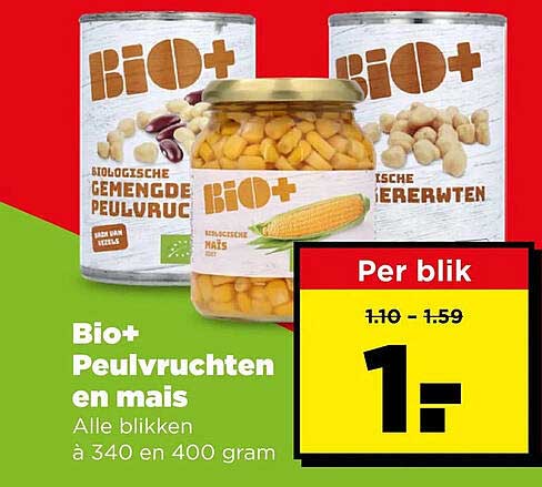 Bio+ Peulvruchten en mais Alle blikken à 340 en 400 gram