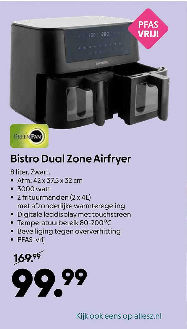 Bistro Dual Zone Airfryer PFAS VRIJ!