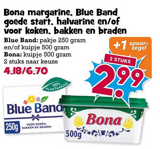 Bona margarine, Blue Band goede start, halvarine en/of voor koken, pakken en braden