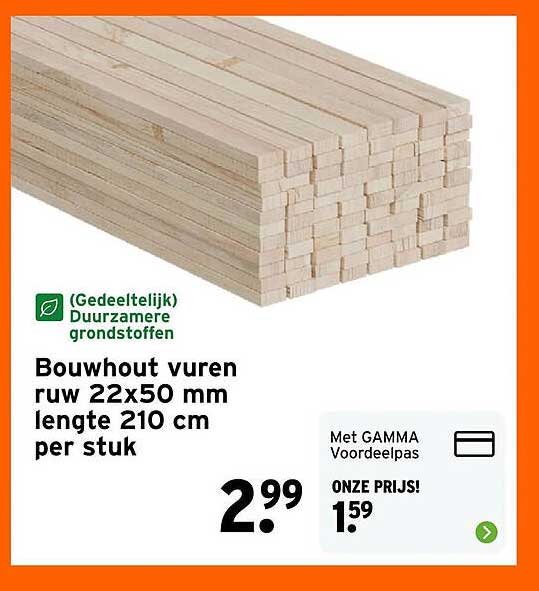 Bouwhout vuren ruw 22x50 mm lengte 210 cm per stuk