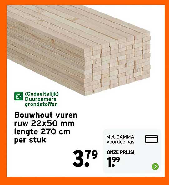 Bouwhout vuren ruw 22x50 mm lengte 270 cm per stuk
