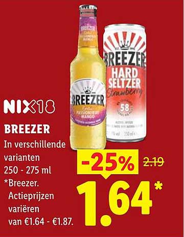 Breezer In verschillende varianten 250 - 275 ml *Breezer. Actieprijzen variëren van €1.64 - €1.87. -25%