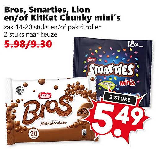 Bros, Smarties, Lion en/of KitKat Chunky mini’s