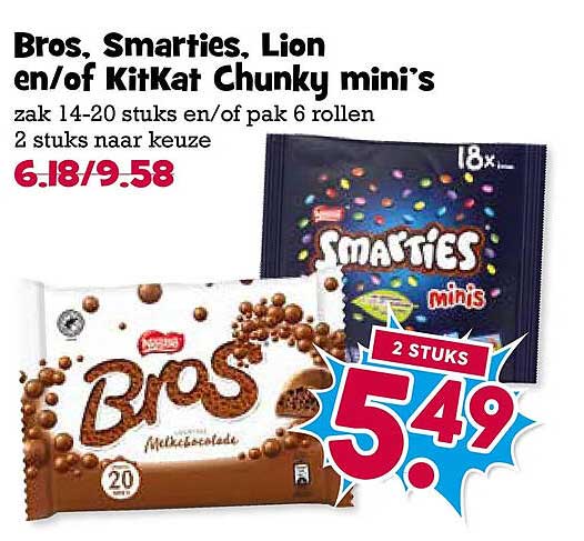 Bros, Smarties, Lion en/of KitKat Chunky mini's