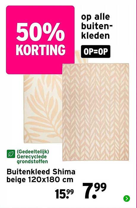 Buitenkleed Shima beige 120x180 cm 50% korting op alle buitenkleden OP=OP