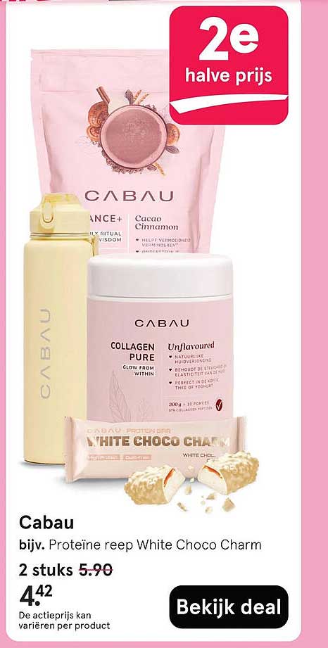 Cabau, bijv. Proteïne reep White Choco Charm 2e halve prijs