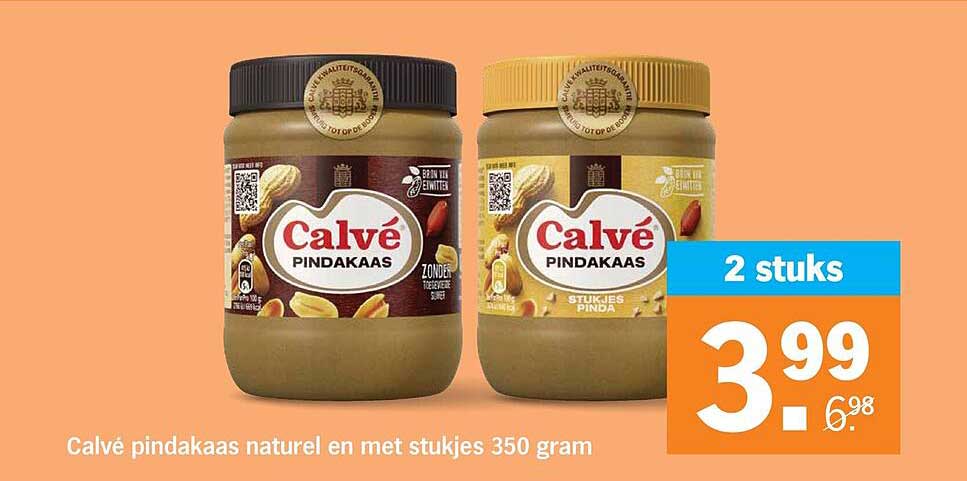 Calvé pindakaas naturel en met stukjes 350 gram 2 stuks