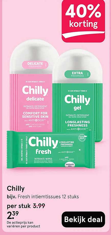 Chilly bijv. Fresh intiemtissues 12 stuks 40% korting