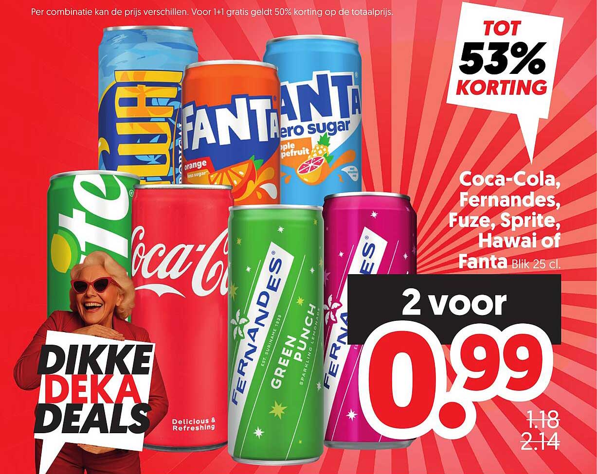 Coca-Cola, Fernandes, Fuze, Sprite, Hawai of Fanta Blik 25 cl. 2 voor 0.99