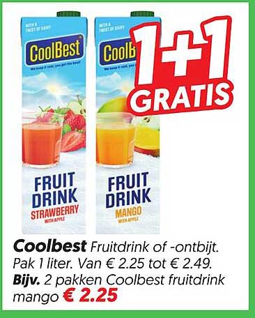 Coolbest fruitdrink of -ontbijt. Pak 1 liter. 1+1 gratis