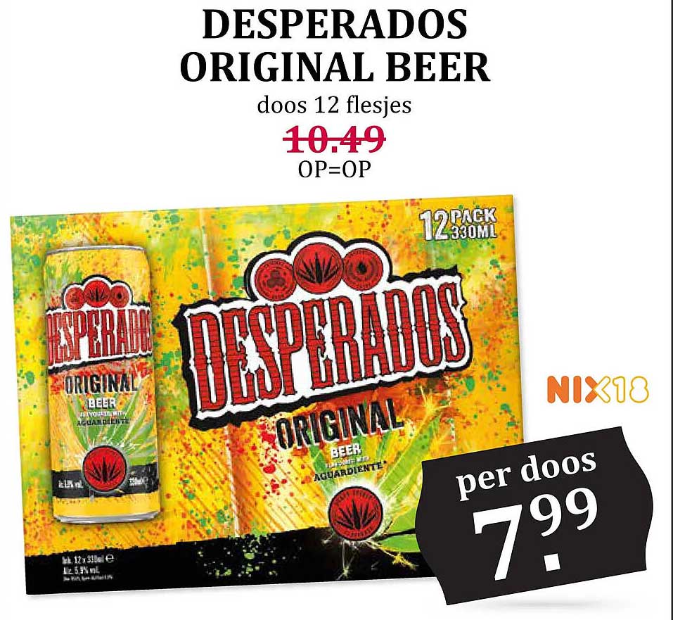 DESPERADOS ORIGINAL BEER doos 12 flesjes OP=OP
