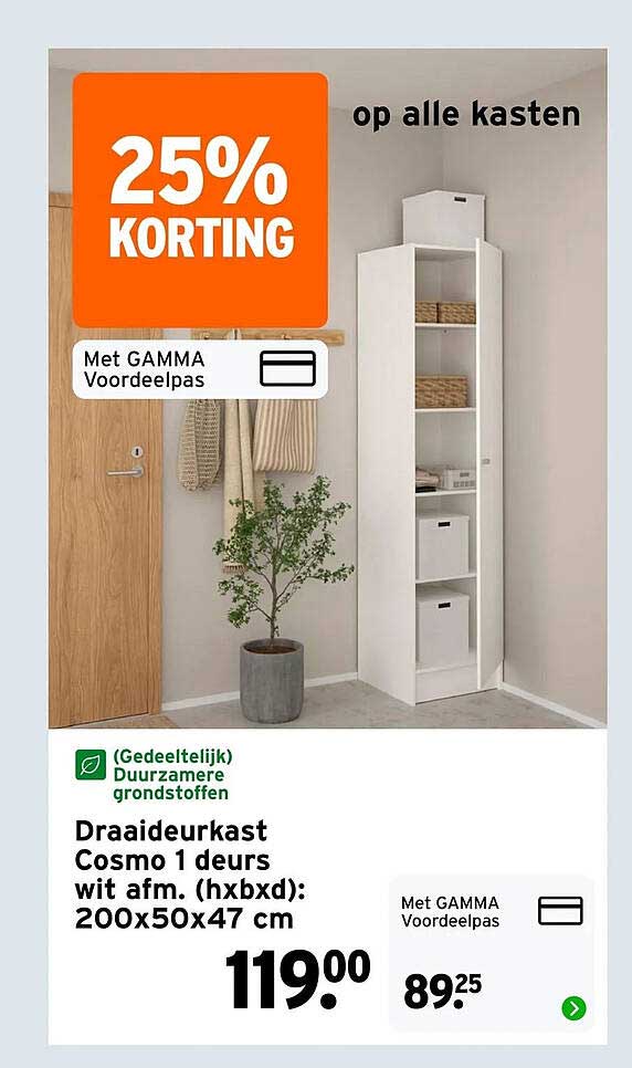 Draaideurkast Cosmo 1 deurs wit afm. (hxbxd): 200x50x47 cm 25% korting op alle kasten