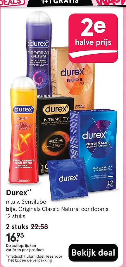 Durex** m.u.v. Sensilube bijv. Originals Classic Natural condooms 12 stuks 2 stuks 22.58 2e halve prijs