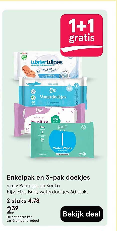 Enkelpak en 3-pak doekjes m.u.v Pampers en Kenkô bijv. Etos Baby waterdoekjes 60 stuks