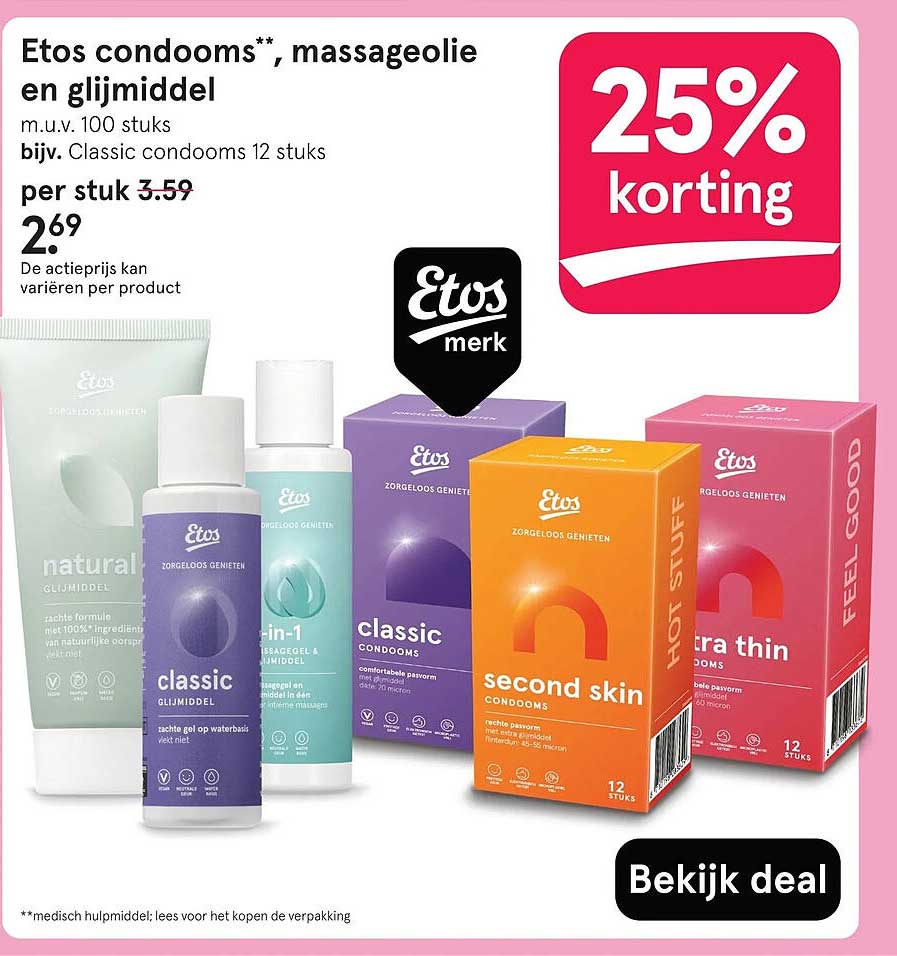 Etos condooms**, massageolie en glijmiddel 25% korting