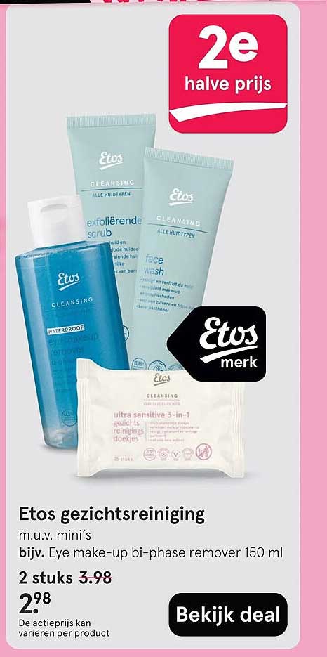 Etos gezichtsreiniging m.u.v. mini’s, bijv. Eye make-up bi-phase remover 150 ml 2e halve prijs