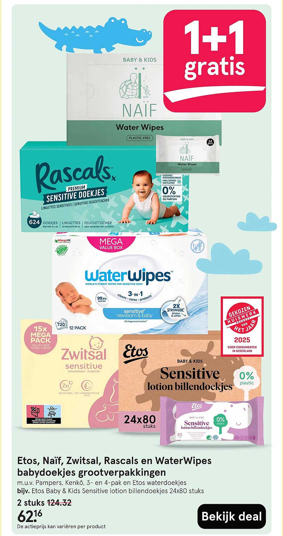 Etos, Naïf, Zwitsal, Rascals en WaterWipes babydoekjes grootverpakkingen 1+1 gratis