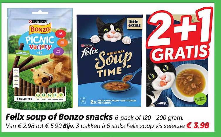 Felix soup of Bonzo snacks 6-pack of 120 - 200 gram. 2+1 GRATIS