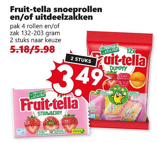 Fruit-tella snoeprollen en/of uitdeelzakken 2 stuks
