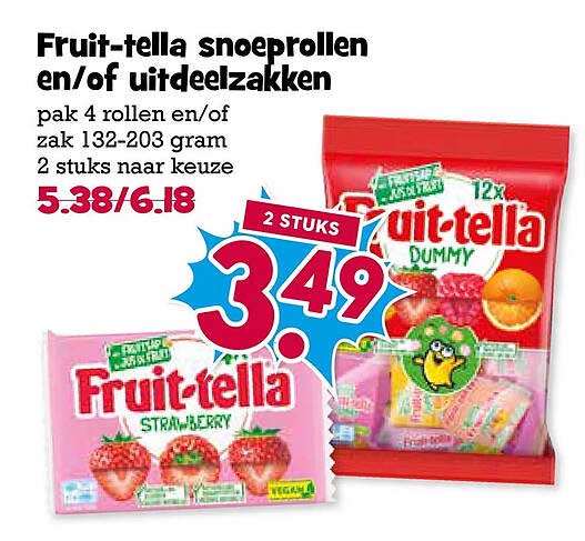 Fruit-tella snoeprollen en/of uitdeelzakken 2 STUKS