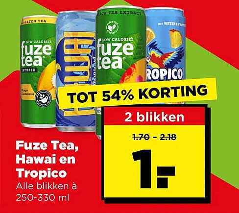 Fuze Tea, Hawai en Tropico Alle blikken à 250-330 ml TOT 54% KORTING 2 blikken