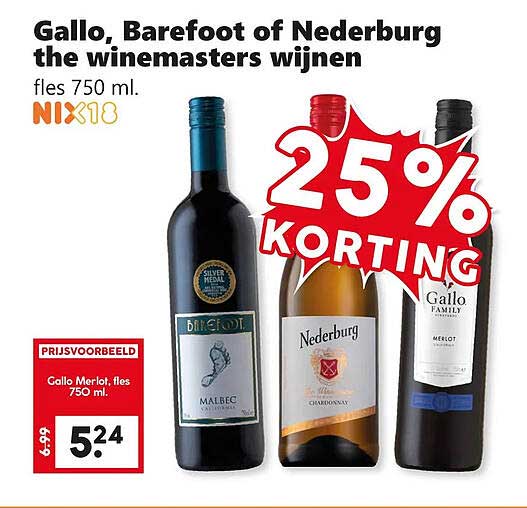 Gallo, Barefoot of Nederburg the winemasters wijnen fles 750 ml 25% korting