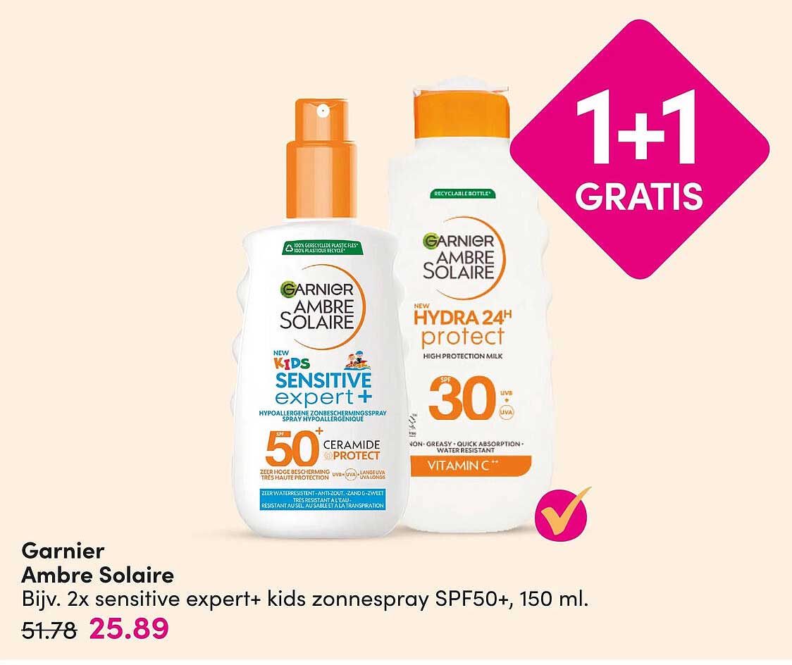 Garnier Ambre Solaire Bijv. 2x sensitive expert+ kids zonnespray SPF50+, 150 ml. 1+1 GRATIS