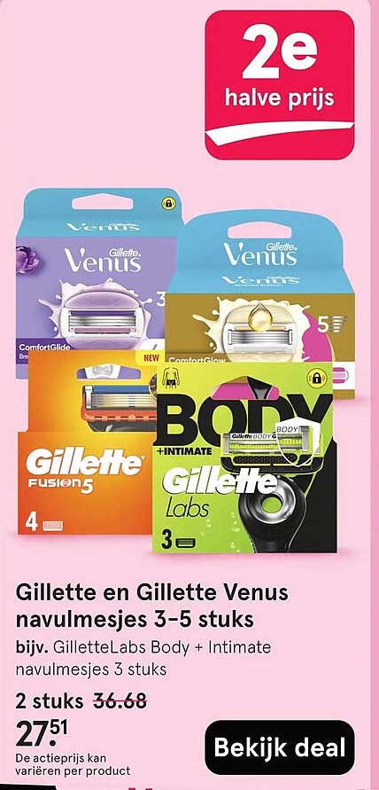 Gillette en Gillette Venus navulmesjes 3–5 stuks 2e halve prijs
