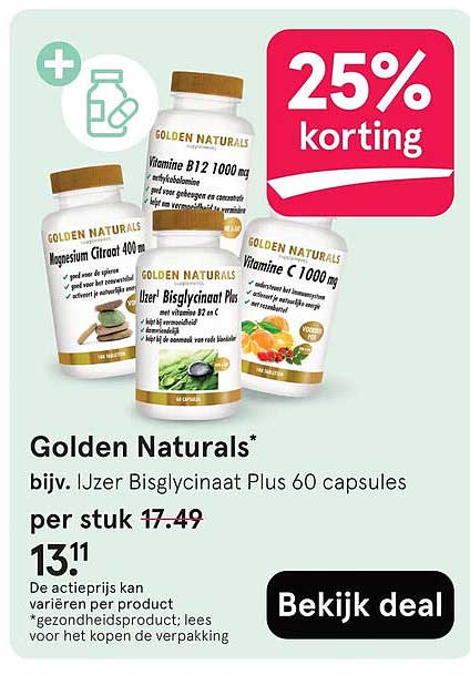 Golden Naturals* bijv. IJzer Bisglycinaat Plus 60 capsules 25% korting