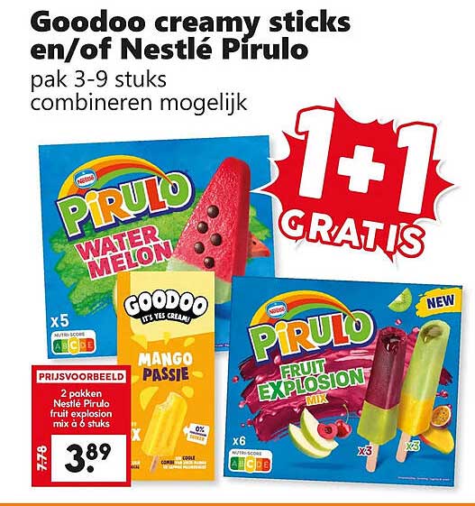 Goodoo creamy sticks en/of Nestlé Pirulo pak 3-9 stuks combineren mogelijk 1+1 GRATIS