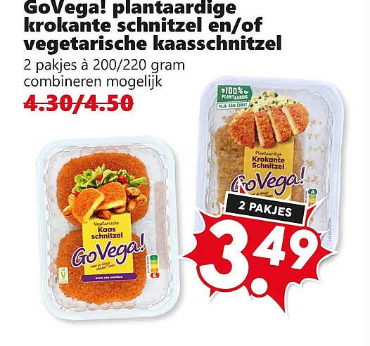 GoVega! plantaardige krokante schnitzel en/of vegetarische kaasschnitzel 2 pakjes à 200/220 gram combineren mogelijk