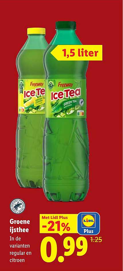 Groene ijsthee in de varianten regular en citroen 1,5 liter Met Lidl Plus -21%