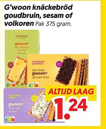 G'woon knäckebröd goudbruin, sesam of volkoren Pak 375 gram