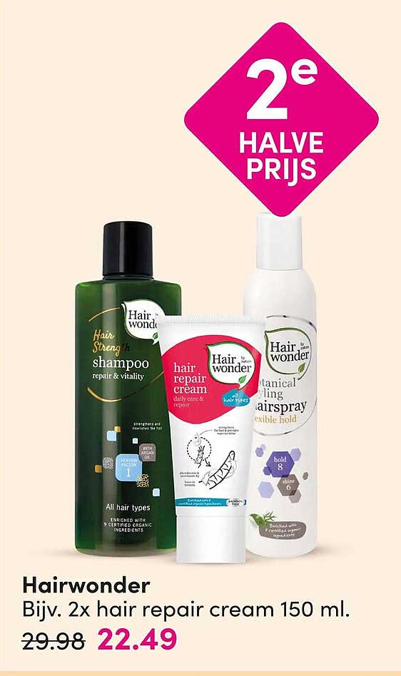 Hairwonder Bijv. 2x hair repair cream 150 ml. 2e halve prijs