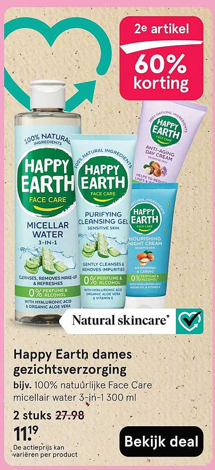 Happy Earth dames gezichtsverzorging 2e artikel 60% korting