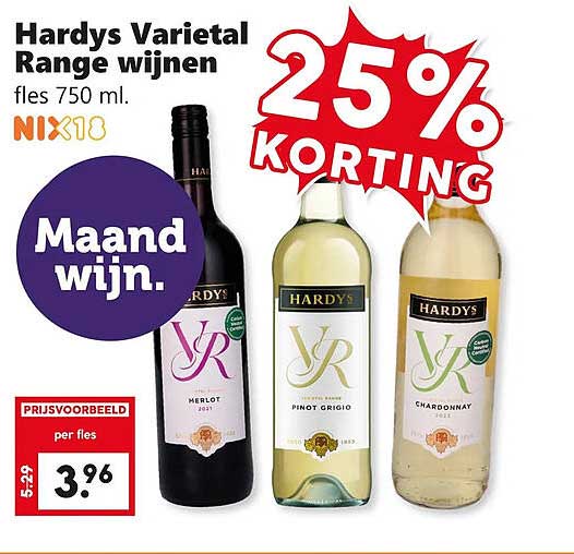 Hardys Varietal Range wijnen fles 750 ml. NIX18 Maand wijn. 25% KORTING