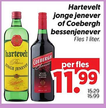 Hartevelt jonge jenever of Coebergh bessenjenever Fles 1 liter.