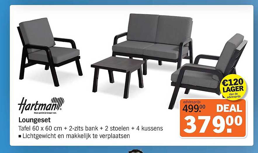 Hartman Loungeset Tafel 60 x 60 cm + 2-zits bank + 2 stoelen + 4 kussens