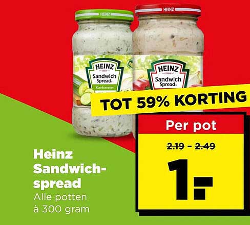 Heinz Sandwich-spread Alle potten à 300 gram TOT 59% KORTING
