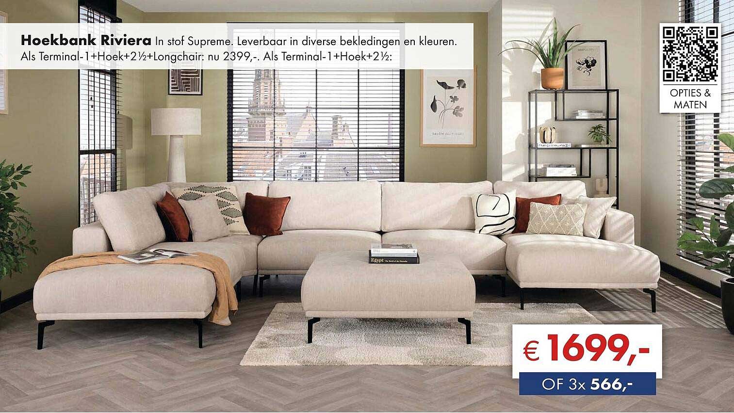 Hoekbank Riviera in stof Supreme. Leverbaar in diverse bekledingen en kleuren.