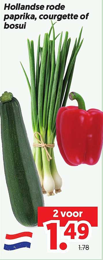 Hollandse rode paprika, courgette of bosui 2 voor 1.49