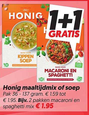 Honing maaltijdmix of soep 1+1 gratis