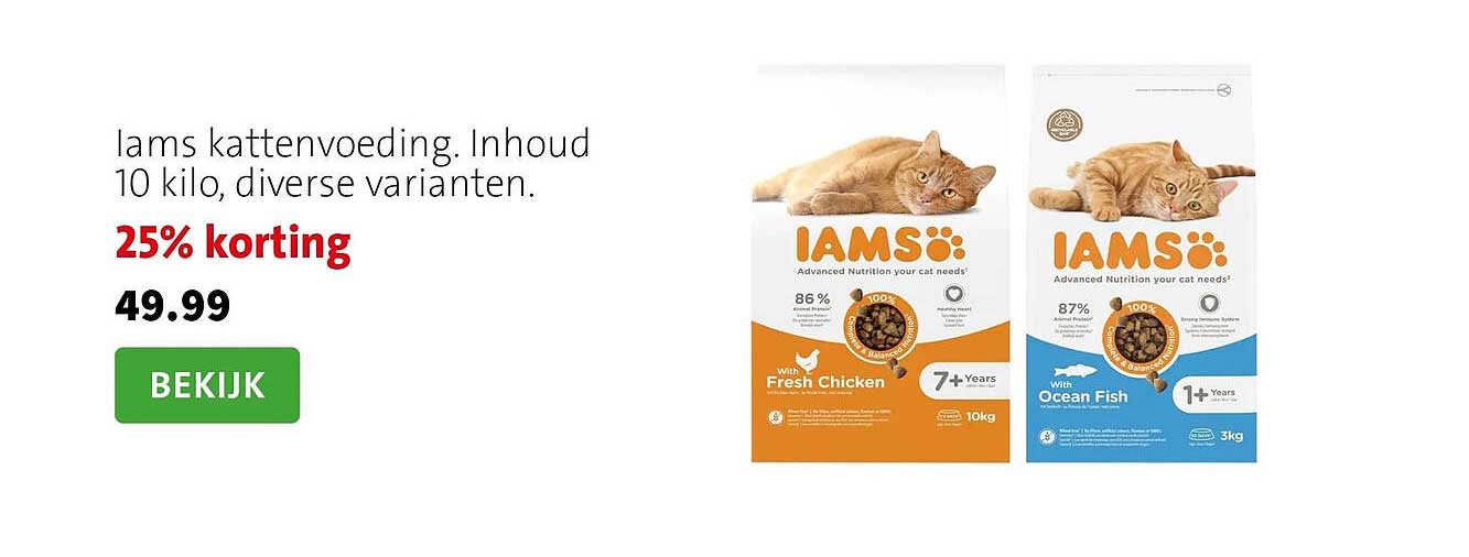 Iams kattenvoeding. Inhoud 10 kilo, diverse varianten. 25% korting