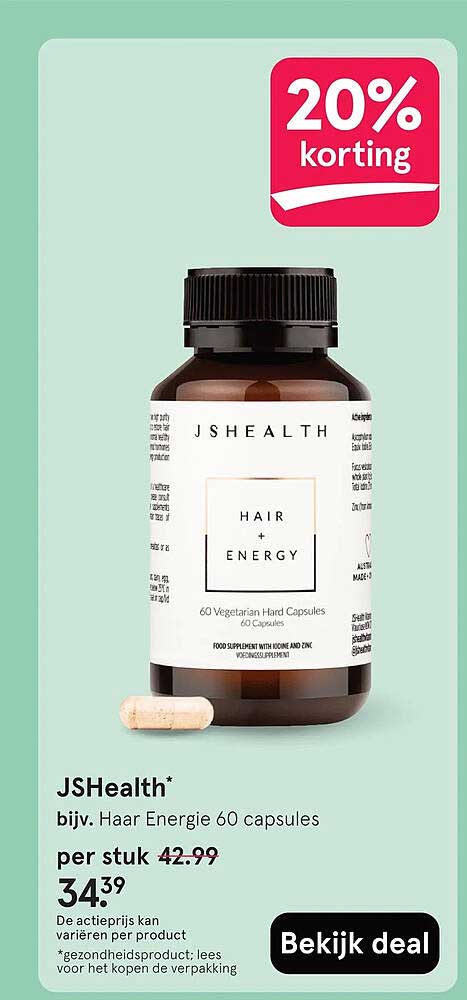 JSHealth* bijv. Haar Energie 60 capsules 20% korting
