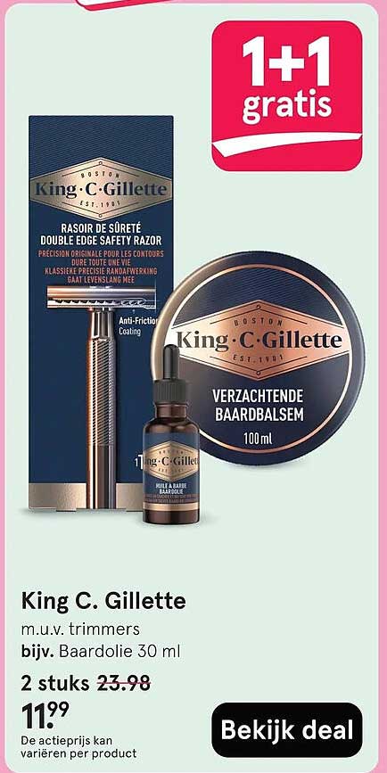 King C. Gillette m.u.v. trimmers bijv. Baardolie 30 ml 1+1 gratis