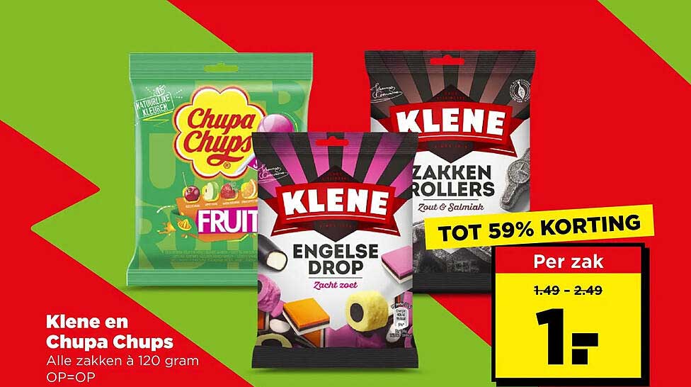 Klene en Chupa Chups Alle zakken à 120 gram OP=OP TOT 59% KORTING