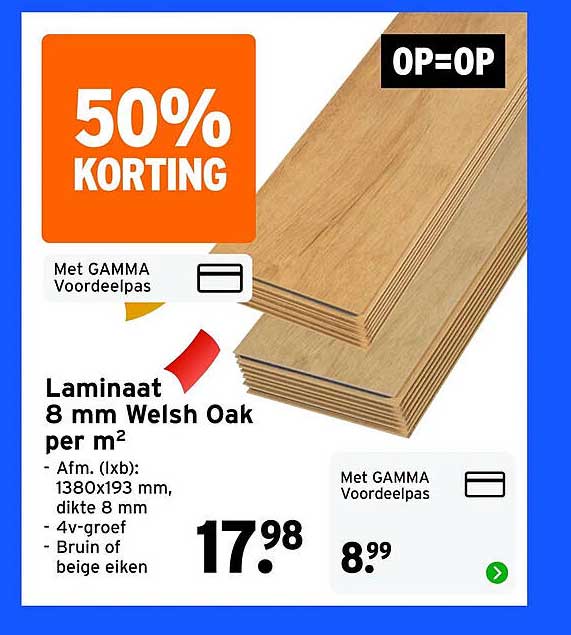 Laminaat 8 mm Welsh Oak per m² 50% korting